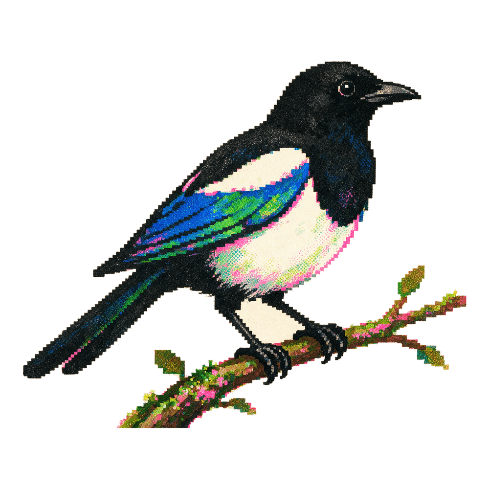 A magpie printed in cobalt, green and fluorescent pink over black, perched on a branch.